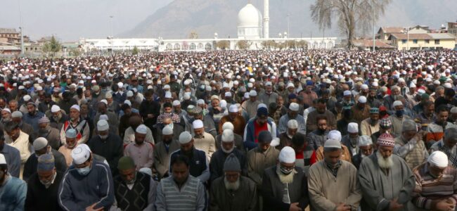 Thousands of devotees offered prayers on the eve of Friday following the Meraj celebrations at Dargah Hazratbal Shrine housing the Relic of Prophet Mohammed (PBUH)….. KV Photo