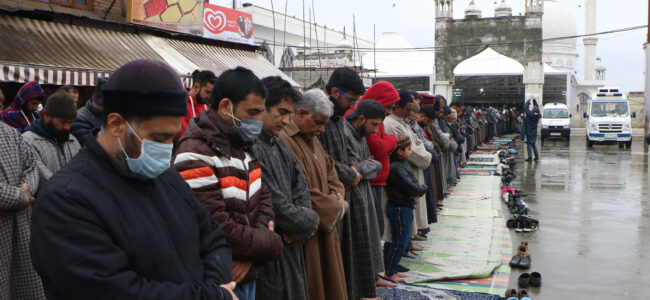 Despite rains thousands of devotees offered prayers at the revered shire of Dargah Hazratbal on the eve of Meraj-u-Nabi (SAW) ….KV Photo