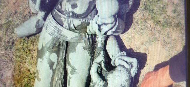 Three-headed sculpture of Lord Vishnu recovered from Jhelum in South Kashmir