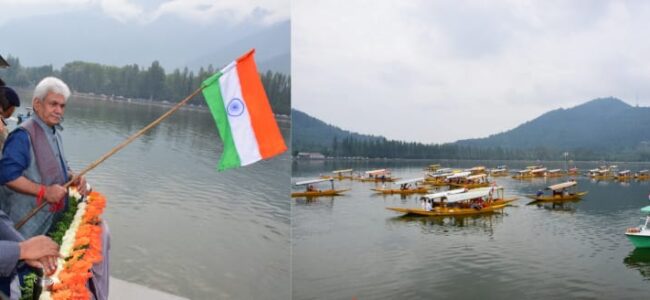 Lt Governor flags off ‘Har Ghar Tiranga’ rally at Dal Lake, Srinagar Lt Governor flags off ‘Har Ghar Tiranga’ rally at Dal Lake, Srinagar