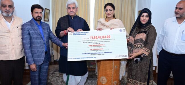 VC KVIB J&K submits Rs 180.41 lakh cheque to LG to be refunded to KVIC, GOI
