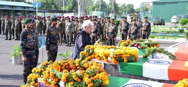 Lt Guv Sinha pays tribute to soldiers killed in Rajouri Lt Guv Sinha pays tribute to soldiers killed in Rajouri