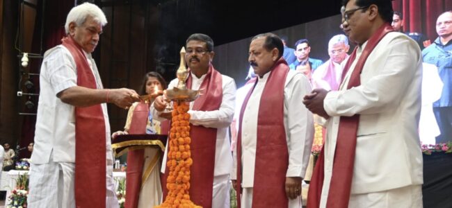 Union Education Minister Dharmendra Pradhan, Lt Governor Manoj Sinha, Union MoS Dr Jitendra Singh address the students