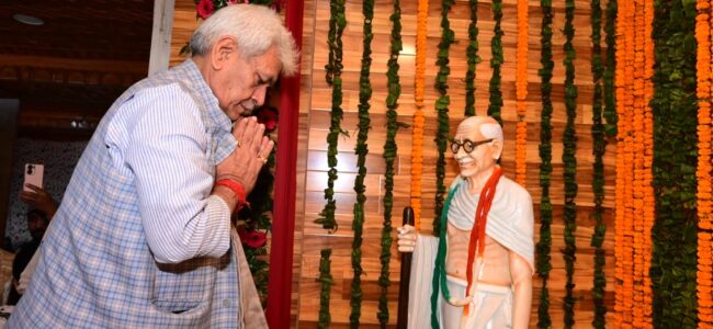 Jammu and Kashmir Lt Guv unveils statue of Mahatma Gandhi and a Charkha installation at Civil Secretariat, Srinagar