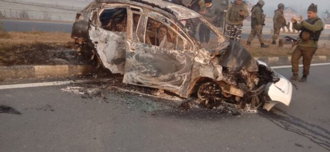 Private car catches fire on highway in Kulgam, passengers escape unhurt Private car catches fire on highway in Kulgam, passengers escape unhurt