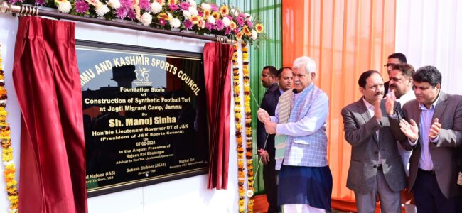 Lt Governor lays foundation stone of Synthetic Football Turf at Jagti Camp, Nagrota