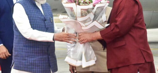 PM Narendra Modi arrives at the Maulana Azad Stadium in Jammu