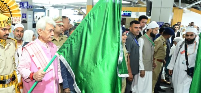 Lieutenant Governor flags off J&K’s 1st batch of Haj pilgrims from Srinagar International Airport