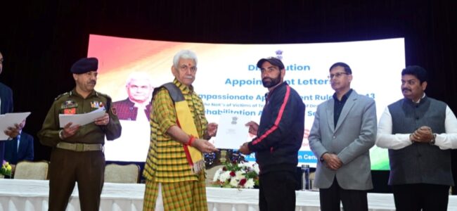 LG Sinha hands over job letters to 41 family members of terror victims in Jammu LG Sinha hands over job letters to 41 family members of terror victims in Jammu